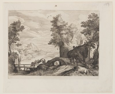 Riverscape with a Stone Bridge and a Wooden Bridge by Aegidius Sadeler II