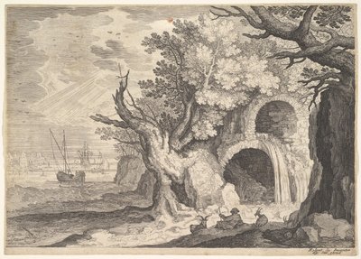 Ruined aqueduct with water spilling from it to a stream below, ships at sea beyond, ca. 1600 by Aegidius Sadeler II