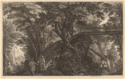 Forest Landscape with Two Men and a Woman Resting near a Bridge by Aegidius Sadeler II after Pieter Stevens
