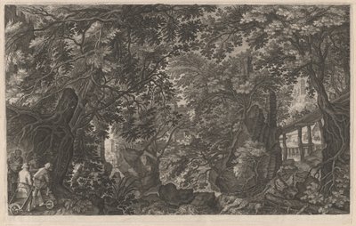 Hunters in a Forest near a Wooden Bridge by Aegidius Sadeler II after Pieter Stevens