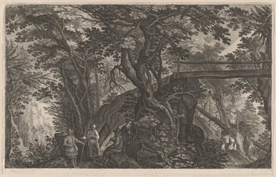 Travelers Resting in a Mountain Forest by a Log Bridge by Aegidius Sadeler II after Pieter Stevens