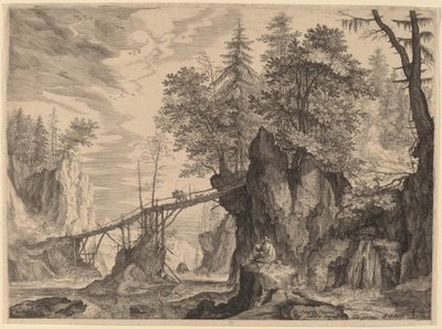 Draughtsman on a Stone before a Bridge by Aegidius Sadeler II after Roelandt Savery
