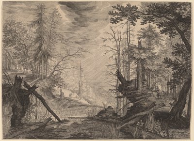 Three Hunters and Two Dogs near a Pool by Aegidius Sadeler II after Roelandt Savery