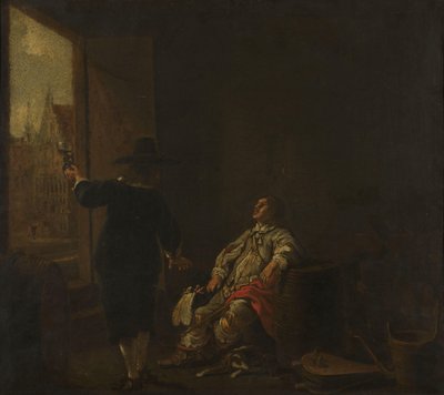 Signboard of a Wineshop, with Tasting the Wine on one side and Barreling the Wine on the other by Aelbert Cuyp (circle of)