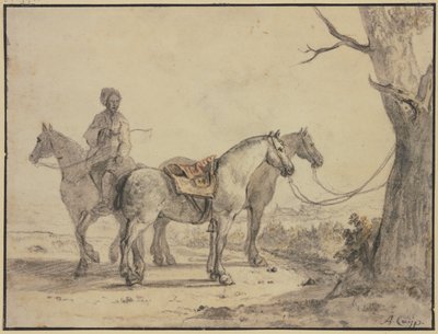 Two Saddled Horses Tied to a Tree, with a Rider by Aelbert Cuyp