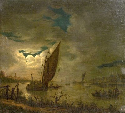 River Scene with Boats and Figures by Aert van der (imitator of) Neer