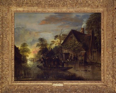 A River Landscape with Peasants Ferrying a Bull, Peasants by a Cottage Beyond by Aert van der Neer