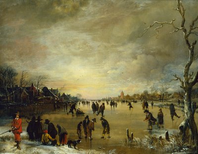 Winter Landscape at Sunset with People Playing Golf and Skating by Aert van der Neer