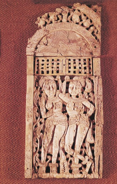 Carved Indian plaque depicting two female figures under a torana, from Begram, Afghanistan by Afghan School