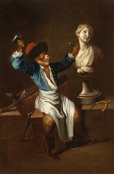 A Monkey as a Sculptor 18th Century by after Jean Antoine Watteau