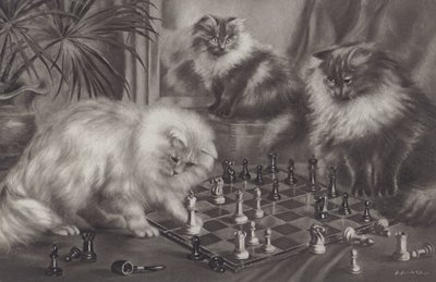 Group of cats playing with chess pieces by Agnes Augusta Talboys