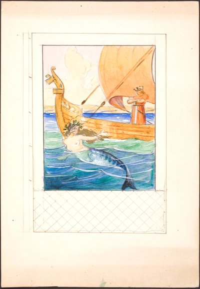 Illustration for Oehlenschläger with mermaid and a king on a ship fitted into a frame draft by Agnes Slott Møller