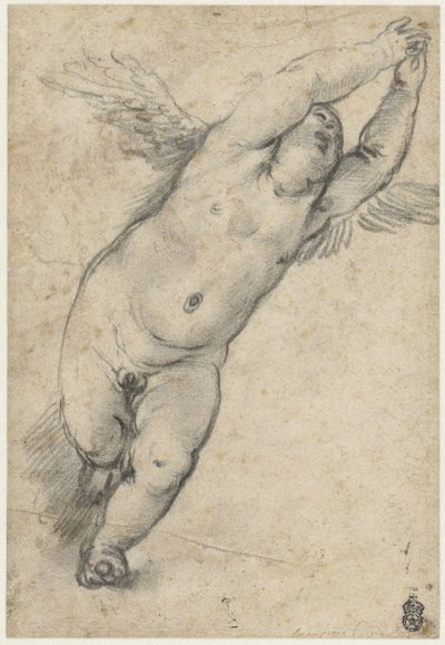 Flying Putto with Raised Arms by Agostino Carracci (attributed to)