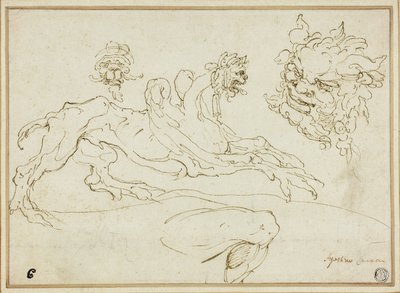 Four Sketches: Griffin, Grotesque Head, Head of Satyr, Bent Leg by Agostino Carracci
