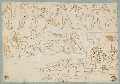 Frieze of Putti, Sketch of Lot and His Daughters, Sketch of Buildings by Agostino Carracci
