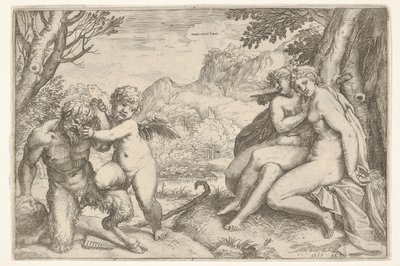 Love Conquers All, in a struggle with a satyr Amor places his right kn... by Agostino Carracci