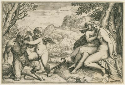 Omnia vincit Amor (Love Overwhelms Pan, Two Nymphs Under a Tree in a Landscape) by Agostino Carracci