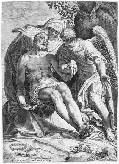 Pieta, Christ supported by the Virgin and an angel at the right by Agostino Carracci
