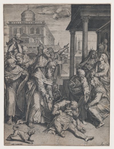 Saint Paul Raising Patroclus Surrounded by a Group of Onlookers by Agostino Carracci