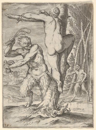 Satyr Whipping a Nymph, Bound to a Tree by Agostino Carracci