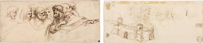 Study of Heads (recto); Crenelated Fortress (verso) by Agostino Carracci