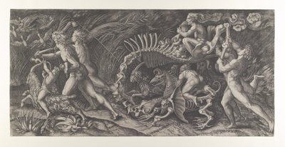 Lo Stregozzo: a female witch riding on an animal skeleton, preceded by two men by Agostino Veneziano