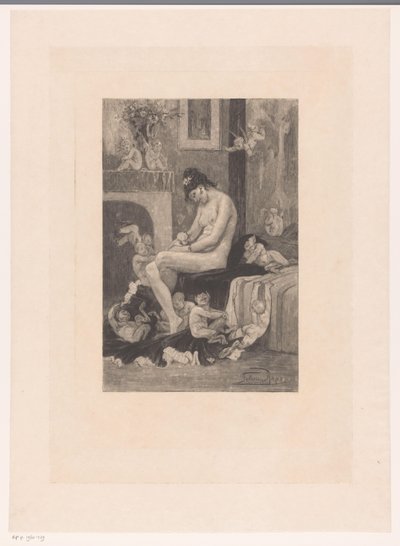 Naked woman on the edge of a bed surrounded by playing demons by Albert Bertrand (attributed to)
