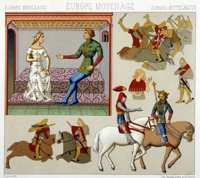 Costumes of the Middle Ages in France. Chromolithographic plate - in 