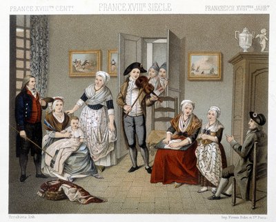 Musicians playing their instruments for a family inside a house. Illustration in 