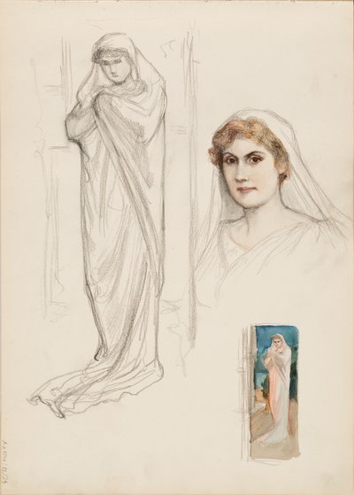 Aino Ackté as Alcestis, Sketch of the Face and Two Full Body Sketches by Albert Edelfelt