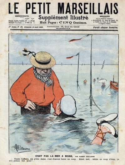 Small comic scene depicting a lady learning to swim under the eye of another swimmer, drink lover. Illustration by Albert Guillaume from 