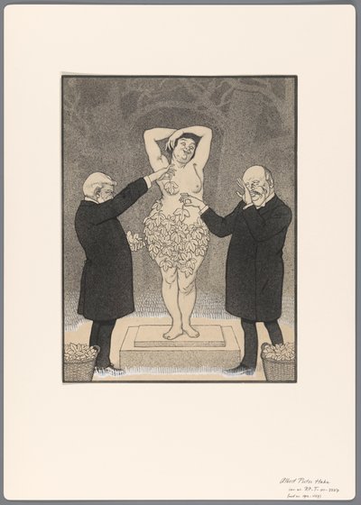 Design for a Political Cartoon: Two Gentlemen Covering a Standing Naked Woman with Fig Leaves by Albert Hahn (I)