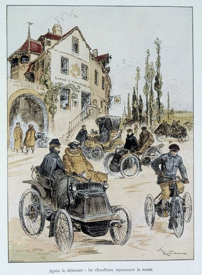 After breakfast, drivers return to the road: the beginning of motor transport by Robida by Albert Robida
