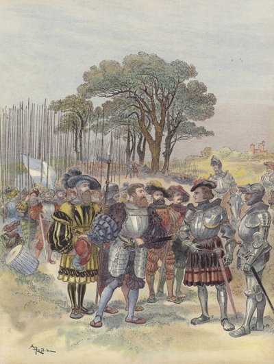 At the Camp of Bicocca, the Swiss Demand Pay, Leave, or Battle by Albert Robida