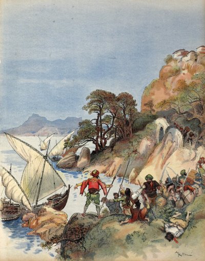 Barbary Pirates Terrorizing the Coast of the Mediterranean, Kidnapping the Inhabitants to Sell as Slaves, Illustration from 