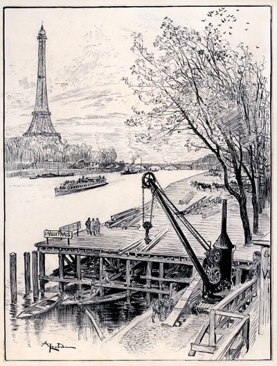 Beginning of construction work on the architectural reconstruction of Old Paris medieval, on the banks of the Seine, for the 1900 World