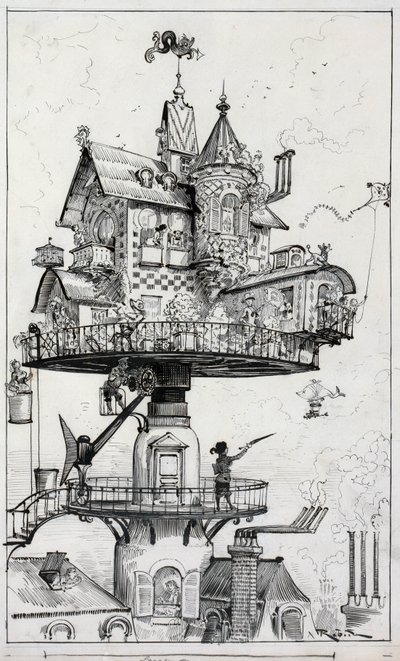 Drawing Shows a Dwelling Structure Elevated Above Rooftops and Designed to Revolve and Adjust in Various Directions, Drawing by Albert Robida by Albert Robida