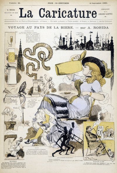 Editing with Woman Drinking a Beer Mug by Robida - Cover in La Caricature of 4/9/1880 by Albert Robida