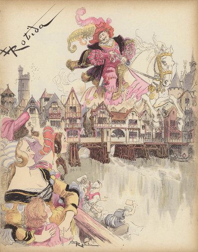 Horseman jumping over a bridge by Albert Robida