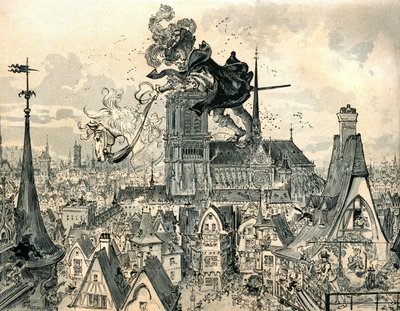 The Giant Gargantua jumps from his horse by Albert Robida