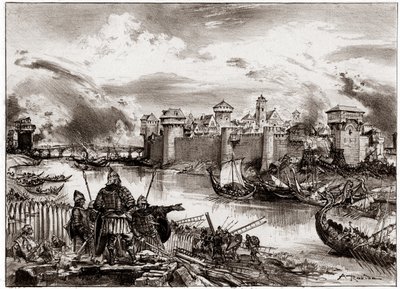 The Vikings, Norman pirates commanded by their leader Siegfried, lay siege to Paris by Albert Robida