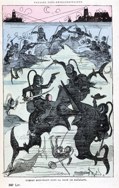 Underwater combat in the bay of Papagayo (scaphandlers riding fish), parody of Jules Verne, 