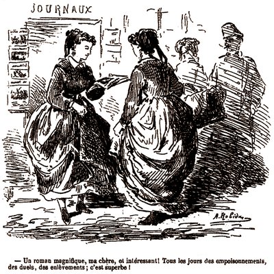 Young Woman Amazed by the Interest in Tragic Newspaper Stories by Albert Robida