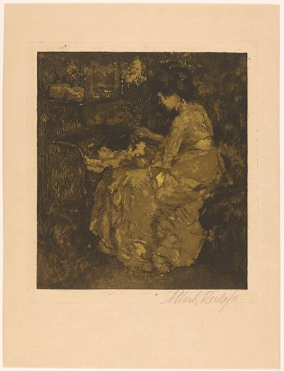 Woman Feeding a Child in a Cradle by Albert Roelofs (signed by artist)