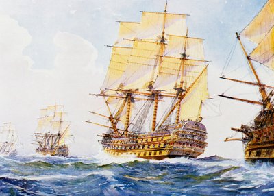 18th Century ships in single file close-hauled to starboard tack by Albert Sébille