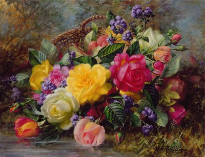 Roses by a Pond on a Grassy Bank by Albert Williams