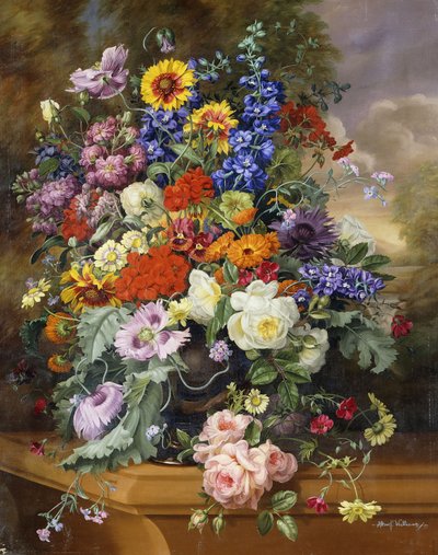 Still Life with Roses, Delphiniums, Poppies, and Marigolds on a Ledge by Albert Williams