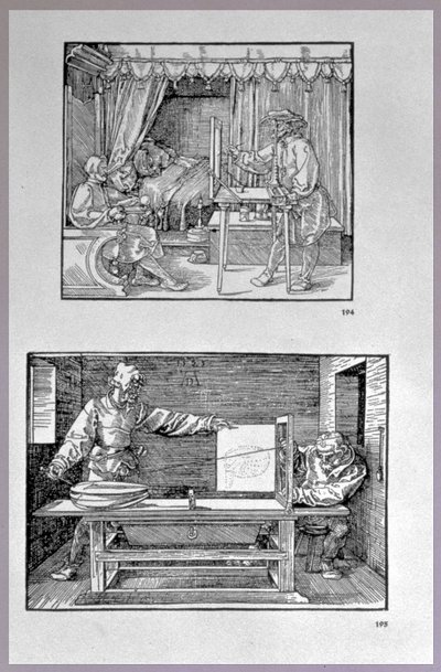 Apparatus for translating three-dimensional objects into two-dimensional drawings, two scenes from the artist