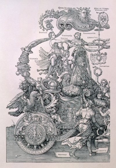 Design for The Great Triumphal Chariot of Emperor Maximilian I: detail showing the Virtues placing a wreath on the head of the Emperor, planned by Willibald Pirckheimer, pub. c.1518 by Albrecht Dürer