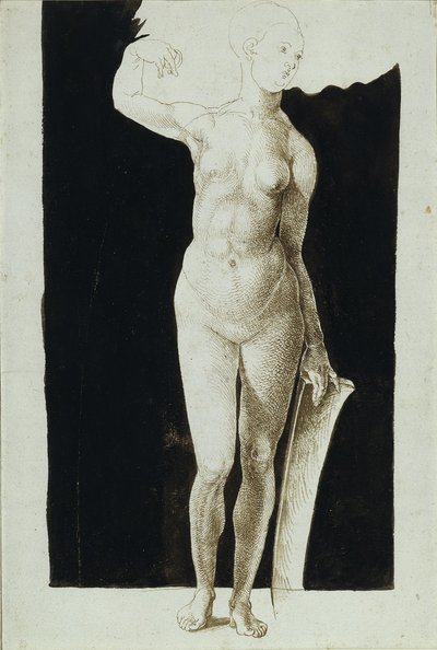 Proportion study of female nude with a shield, 1500 by Albrecht Dürer